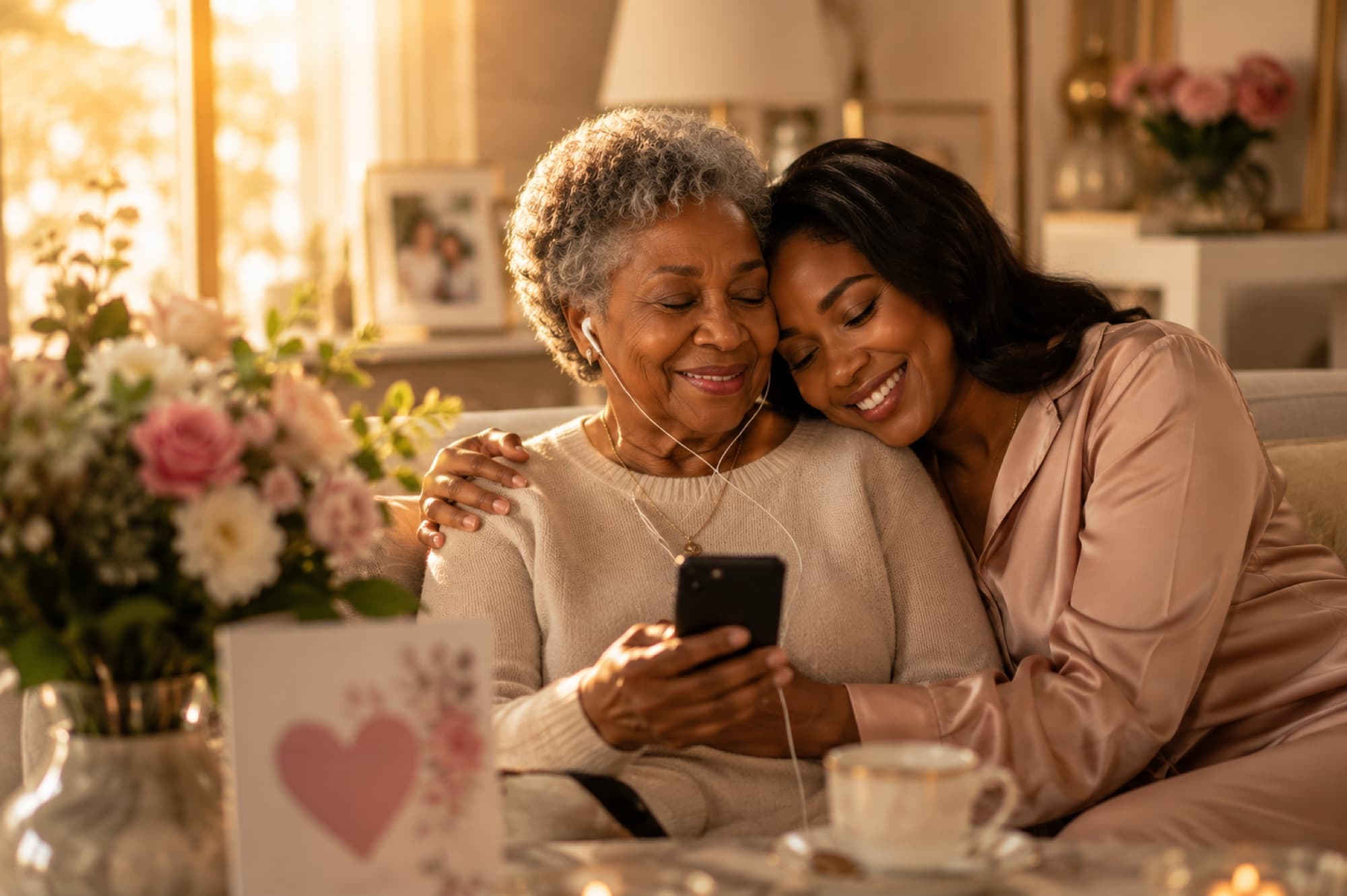 A mother and daughter smiling together while listening to a custom song on a phone