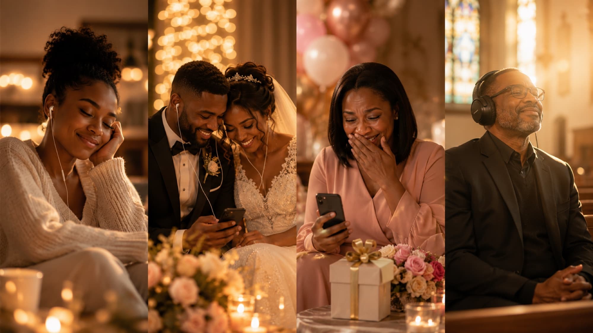 Real customers reacting to their custom songs — listening at home, at a wedding, opening a gift, and at church